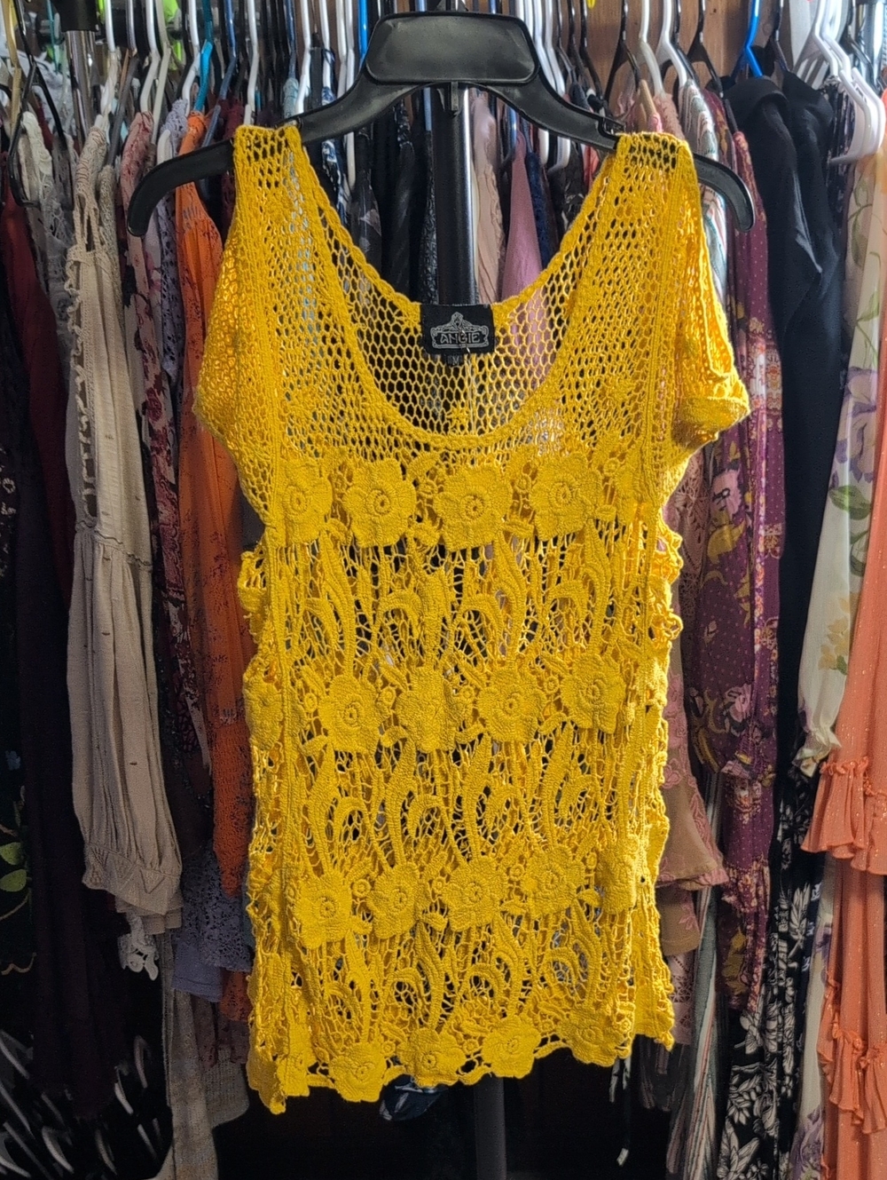 Angie Mustard Yellow Crochet Mesh Top NWOT